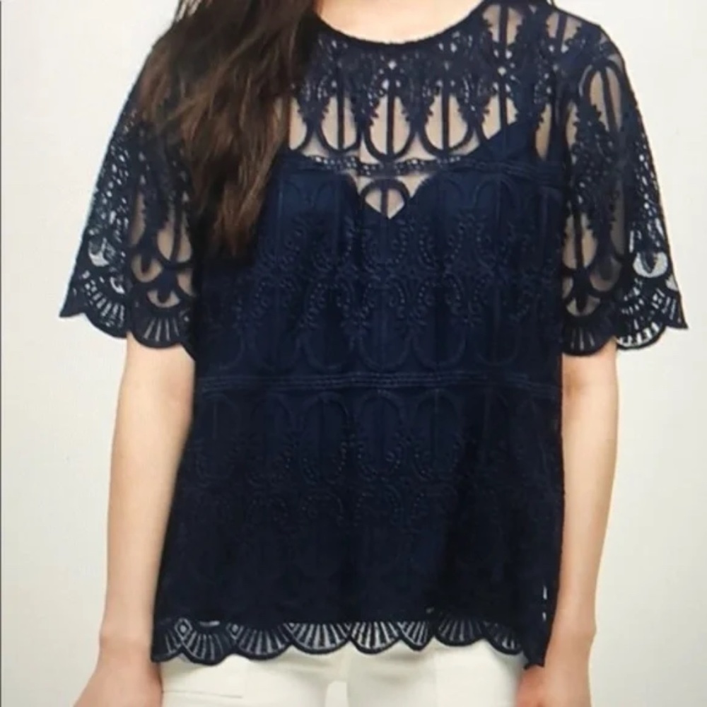 Anthropologie En Elle Marka Navy Blue Lace Blouse,  Size 8